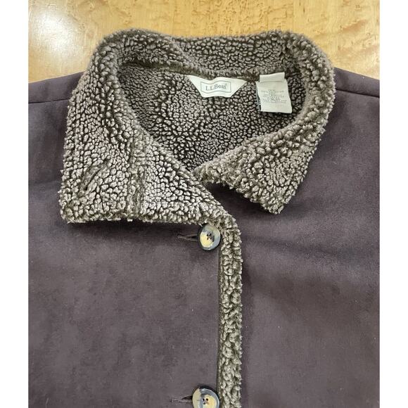 LL Bean Faux Suede Brown Shearling Sherpa Coat Lined Coat Women's Petite Large - Picture 5 of 12
